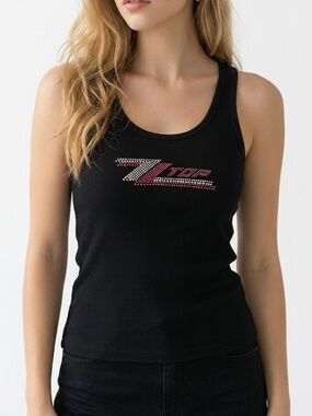 CHELONA • Y2K Black Rhinestone ZZ Top Ribbed Tank Top Small